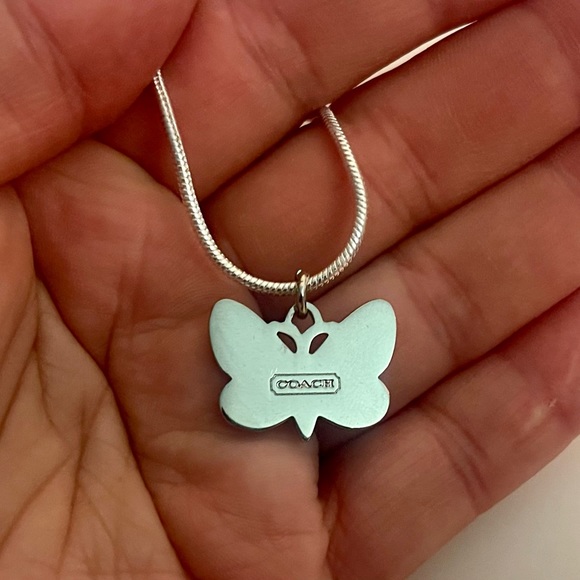 RARE Coach Teal & Green Enamel Crystal Butterfly Pendant .925 Sterling Necklace - Picture 7 of 7